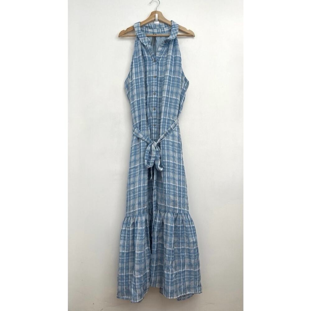 By Anthropologie Plaid Sleeveless Tiered Ruffle Hem Tie Waist Maxi Dress XL - Picture 3 of 15